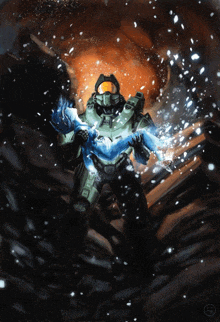 a painting of a man holding a person with a halo logo on the bottom