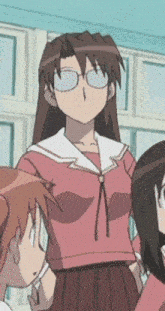 a girl wearing glasses and a pink shirt is standing next to a boy