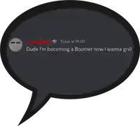 a speech bubble that says dude i 'm becoming a boomer now i wanna grill on it