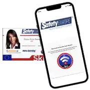 a phone with a safety europe app on it next to a safety europe card .