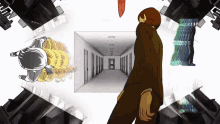 a cartoon drawing of a woman walking down a hallway with the letter n visible