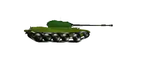 a green tank with black tracks is moving on a white surface