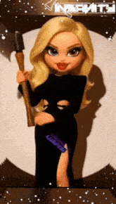 a doll in a black dress is holding a large axe and the word nativity is above her