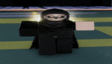 a cartoon character with a skull on his head is standing on a green and yellow floor
