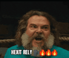 a man with a beard and mustache is making a funny face while wearing a blue shirt .