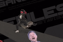 a man in a suit is riding another man on a skateboard with the words " hallows are an apocalyptic level disaster "