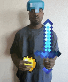 a man holding a diamond sword and a gold item