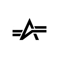 the alpha industries logo is black and white