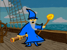 a cartoon of a wizard holding a telescope and a wand