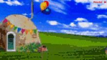 a pixel art of a house with flags and a pause button in the corner
