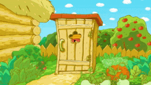 a cartoon illustration of a wooden outhouse