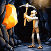 a cartoon monkey is holding a pickaxe in front of a large rock