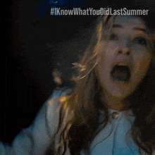 a woman with her mouth open and #iknowwhatyou didlastsummer written on the bottom