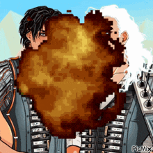 a pixel art of a man and woman holding a large explosion