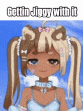 a picture of a girl with pigtails and the words `` gettin jiggy with it '' on it .