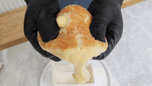 a person wearing black gloves is holding a doughnut with the words made in animotica on the bottom
