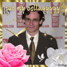 a picture of a man with the words " rub my bellayyyy " on the top