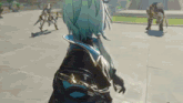 a girl with blue hair is standing on a sidewalk in front of a group of people in a video game .