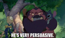 a cartoon character with the words he 's very persuasive on the bottom