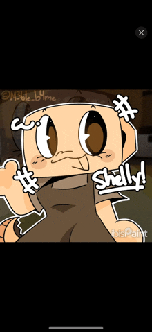 a cartoon character with the word shelly on his face