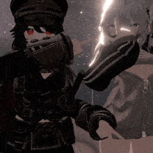 a girl with red eyes is wearing a black hat and holding a sword