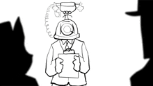 a black and white drawing of a man with a telephone head holding a clipboard