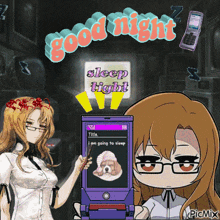 a cartoon girl holding a cell phone that says sleep light