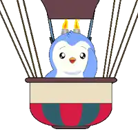 a penguin is flying in a hot air balloon
