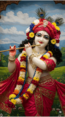 a painting of a krishna playing a flute with a peacock feather on his head