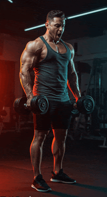 a muscular man is holding a pair of dumbbells in his hands