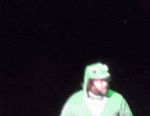 a man in a green frog costume with a white bow tie
