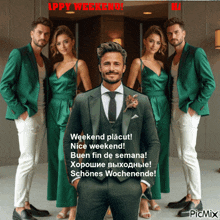 a man in a green suit is standing in front of three women in green dresses