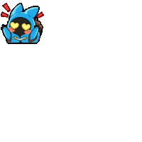 a pixel art drawing of a blue cat with yellow eyes and hearts in its eyes .