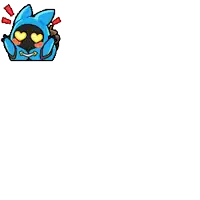 a pixel art drawing of a blue cat with yellow eyes and hearts in its eyes .