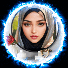 a picture of a woman in a hijab is surrounded by a blue circle