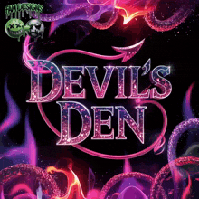 a poster for devil 's den with purple flames