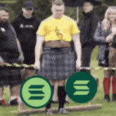 a man in a kilt holds a barbell in front of a group of people