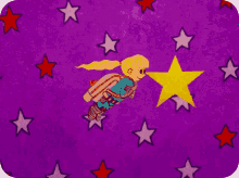 a cartoon character is standing in a yellow star on a purple background