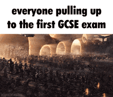 a meme shows a crowd of people pulling up to the first gcse exam