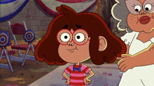 a cartoon girl wearing glasses and a bow tie stands next to an older woman