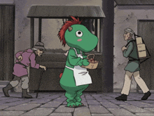 a cartoon drawing of a green monster holding a basket of food