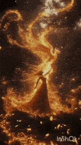 a woman in a red dress is surrounded by flames and the words inshot are on the bottom