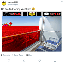 a tweet by sweeper1989 shows a balcony with chairs and a red background