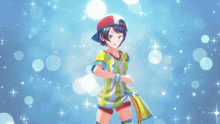 a girl in a green and white striped shirt is dancing in front of a blue background with stars