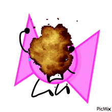 a pixel art drawing of a fried chicken with a pink bow and the word picmix at the bottom