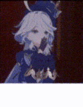 a pixelated drawing of a girl with white hair and a hat .