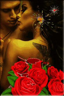 a woman with a tattoo on her back is surrounded by red roses and a man
