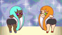a couple of cartoon characters standing next to each other .