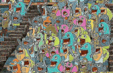 a bunch of cartoon characters are standing next to each other on stairs .