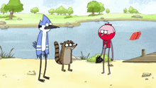 a cartoon of regular show characters standing on a beach